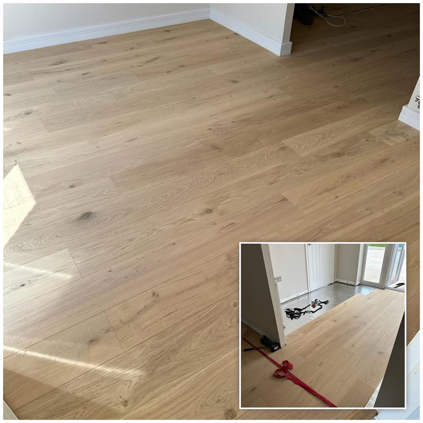Engineered oak floor, with a photo of the room mid-fit in the corner
