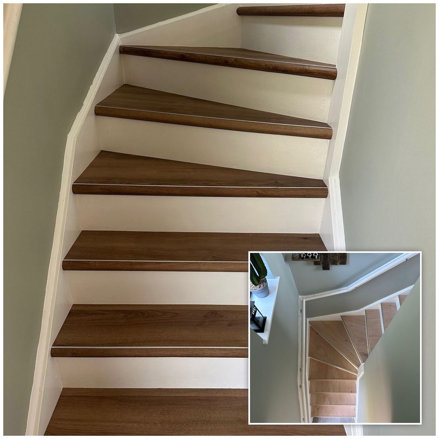 Oak-effect treads on white risers, with the bare stairs shown inset